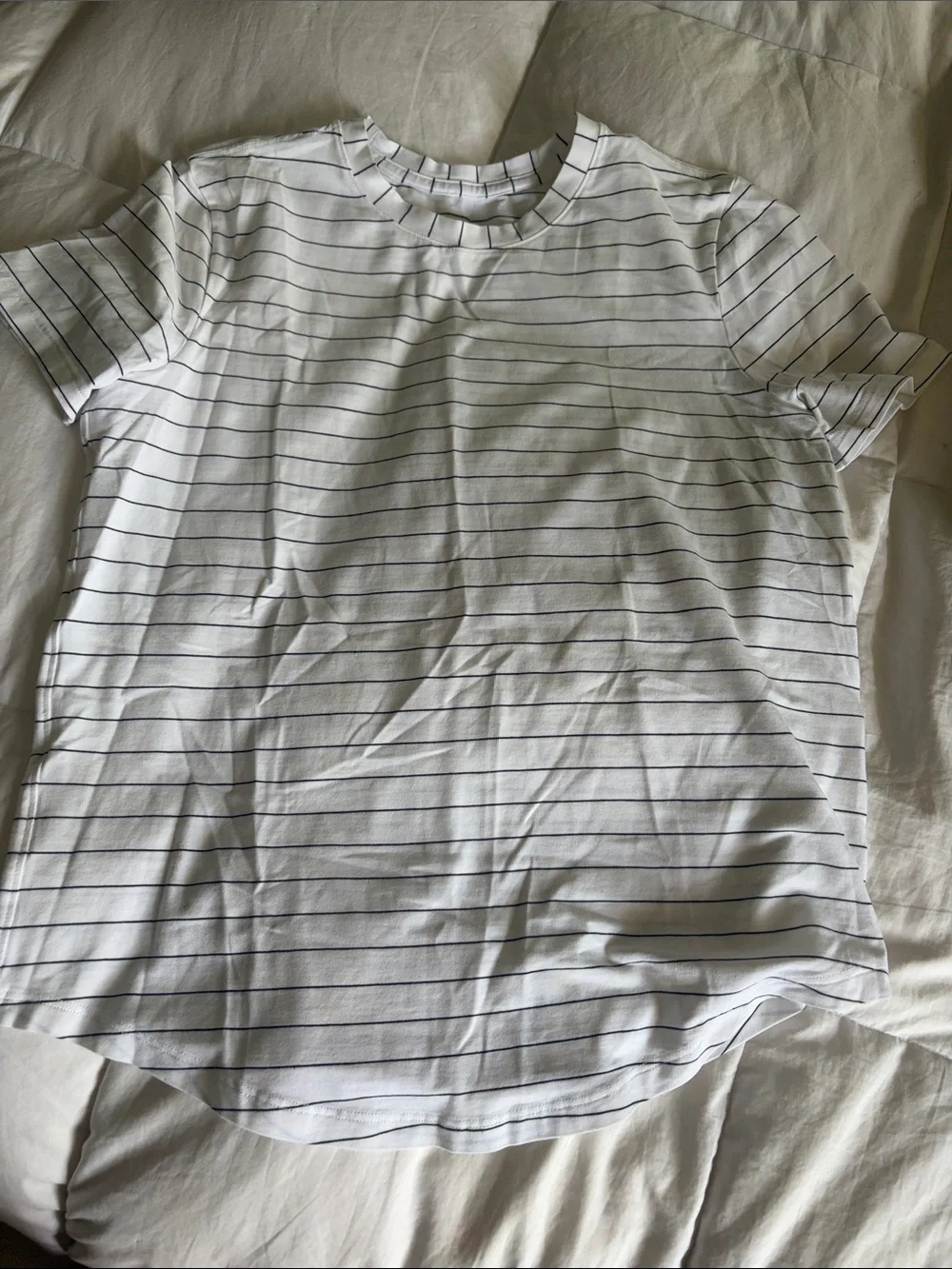 lululemon athletica White Tee with Thin Navy Stripes - Short Sleeve